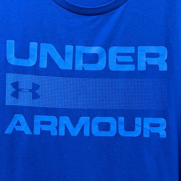 Under Armour HeatGear T-Shirt Mens 2XL Blue Graphic Spellout Loose Fit Pullover - Picture 9 of 11